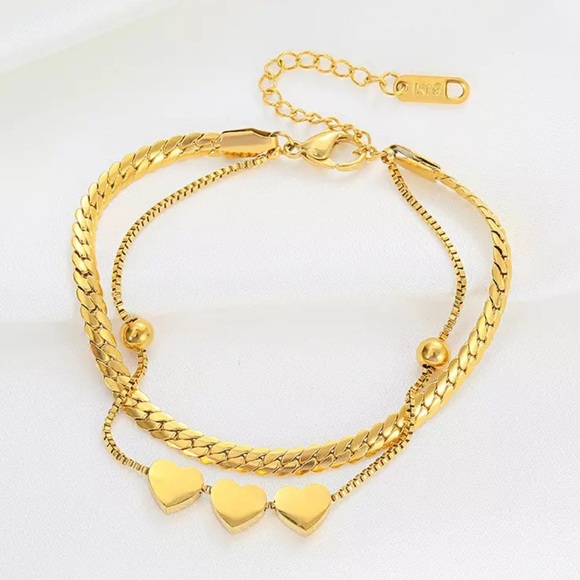 Womens 18K Gold Plated Stainless Steel Double Three Hearts Cuban Chain Bracelet - Picture 5 of 6